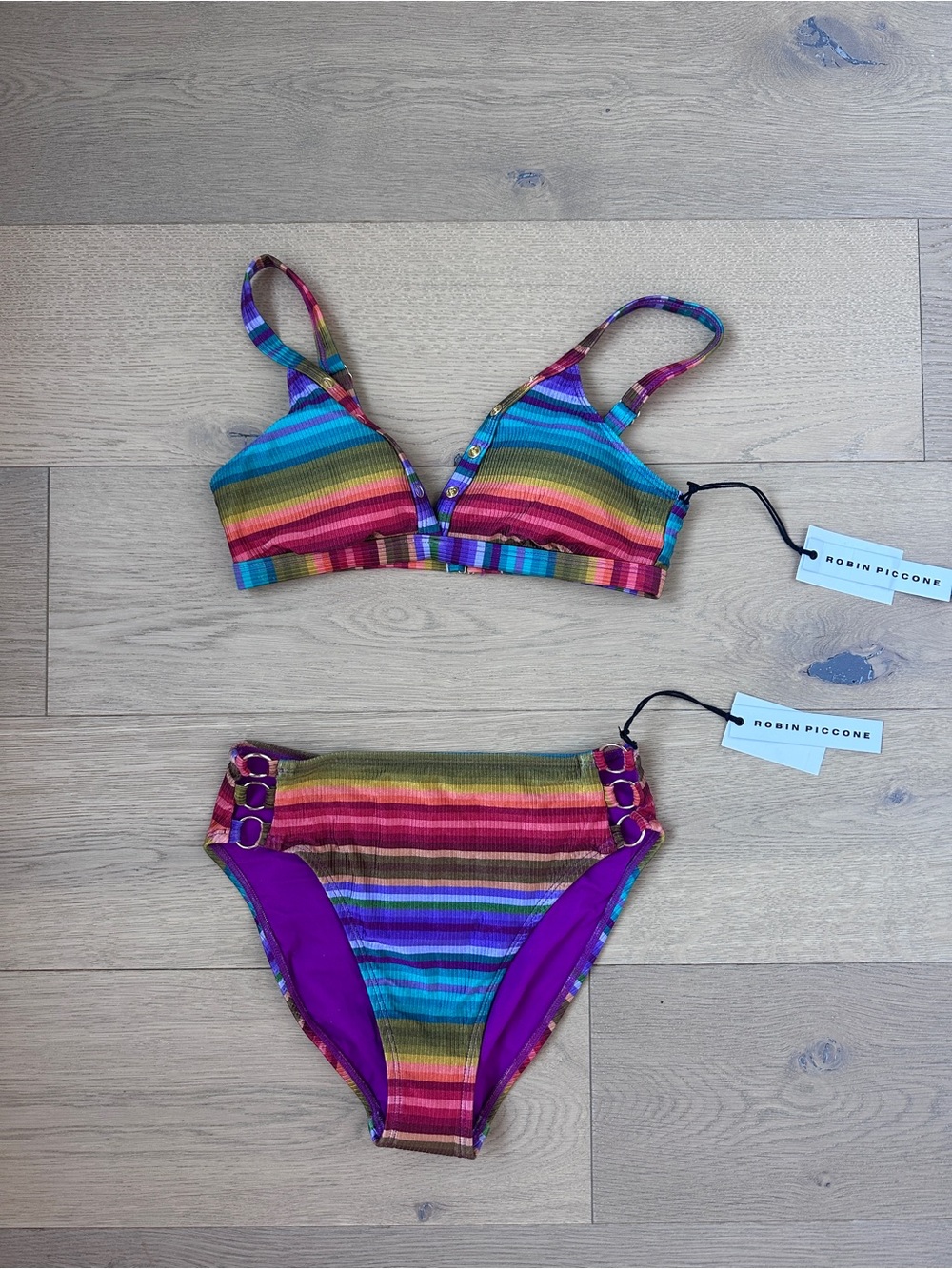 NWT Robin Piccone Multicolor Striped Bikini Set Size M Ribbed Gold Ring